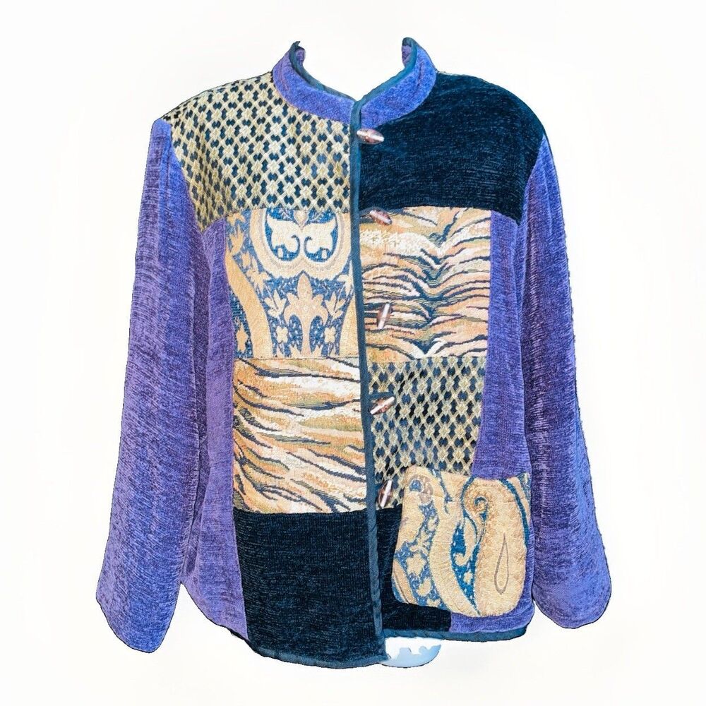 Vintage Julia Kim Patchwork Jacket L Purple Gold Brocade Art to Wear 90s